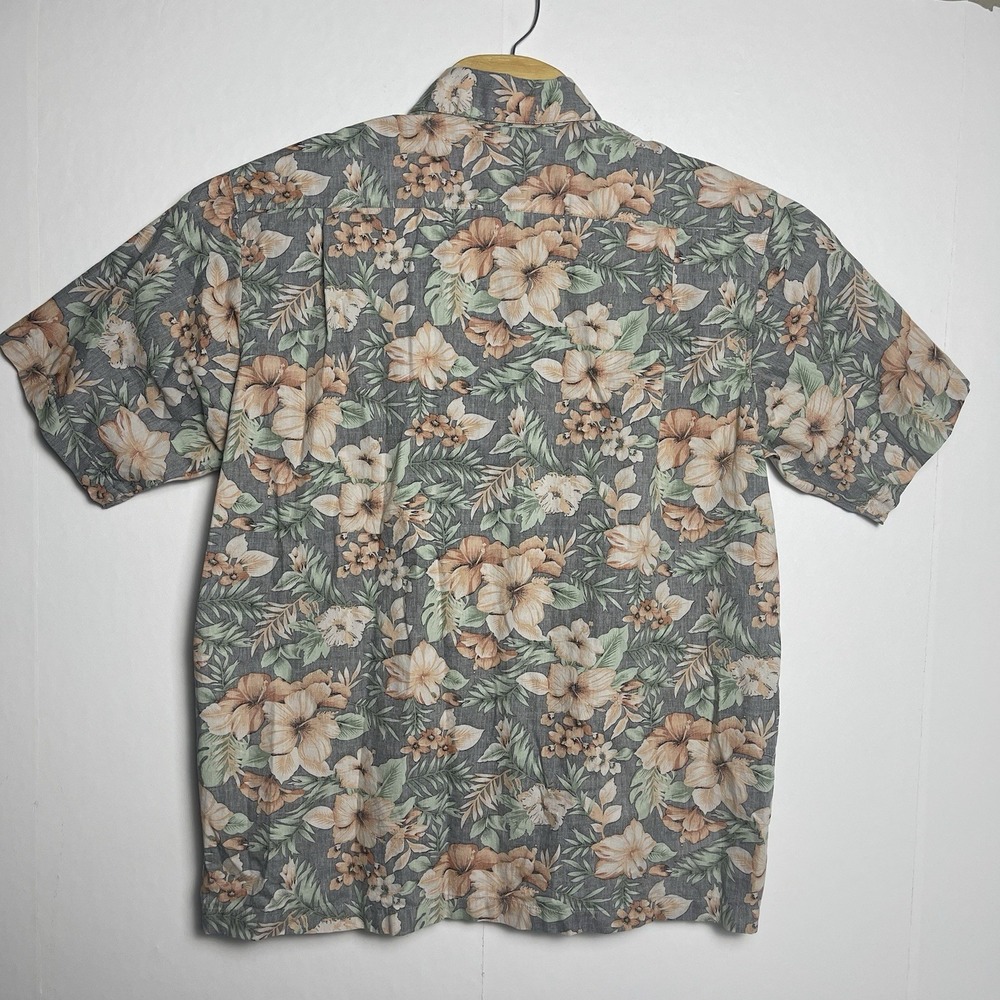 Go Barefoot Men's Large Gray Orange Green Hawaiian Tropical Aloha Floral Button - Picture 3 of 8